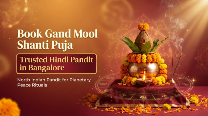 Hindi ritual guide performing Gand Mool Shanti Puja